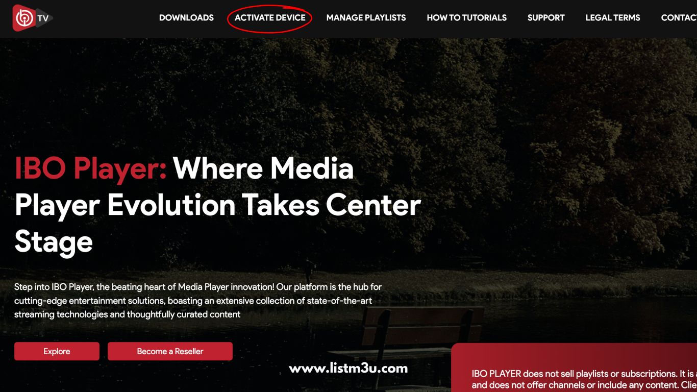 IBO Player website menu showing Activate Device & Manage Playlists